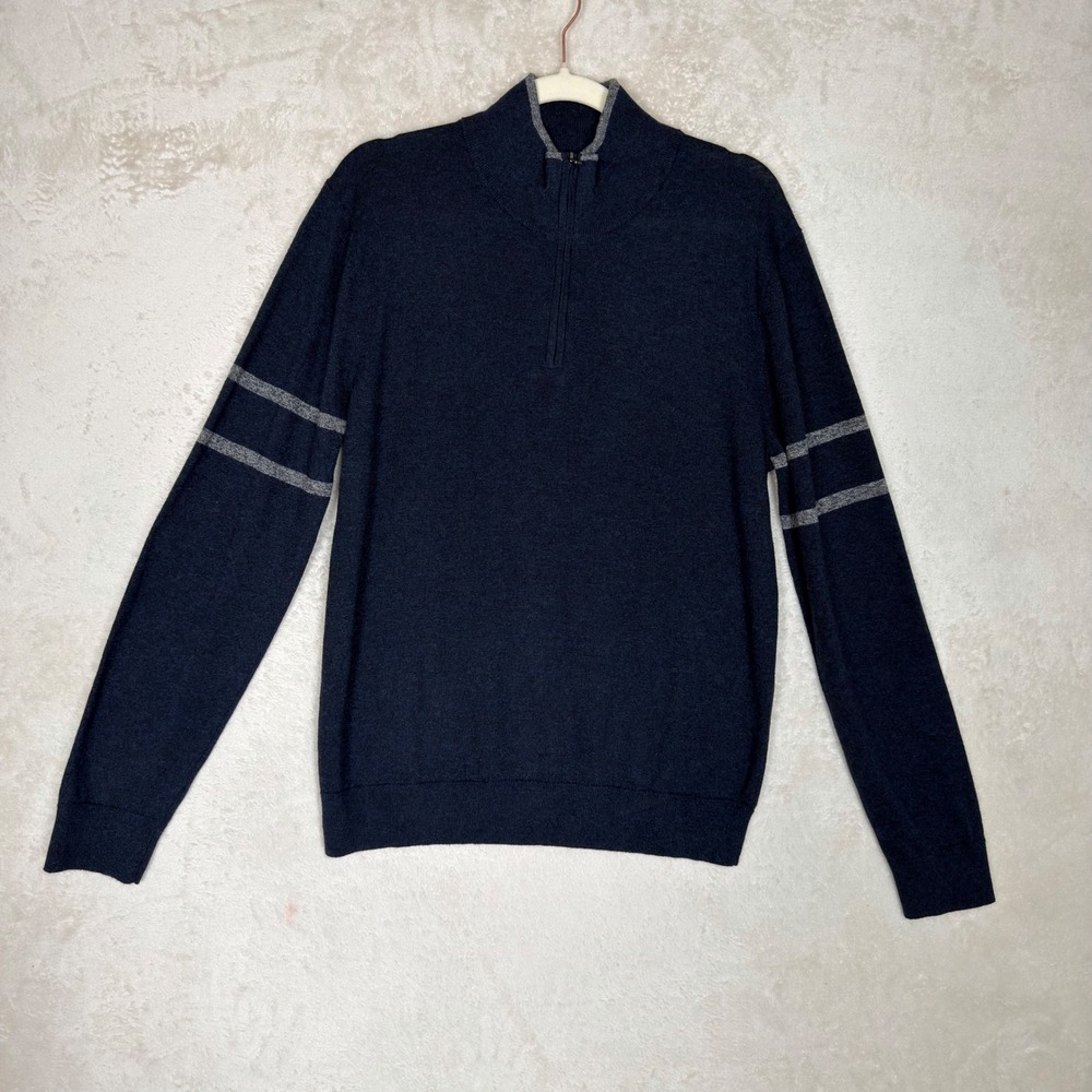 Banana Republic Eco Sweater Mens Medium Navy Blue Quarter Zip Varsity Stripe M